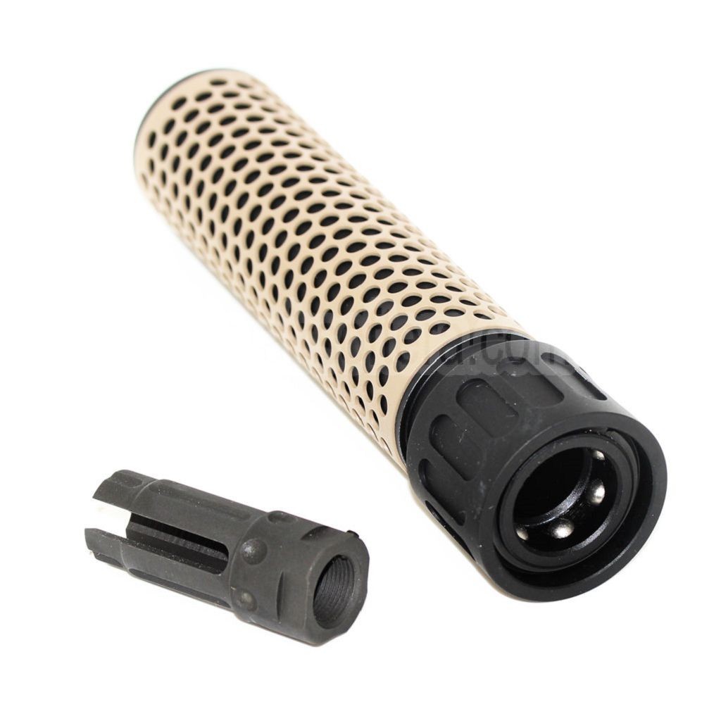 AirsoftEra 179mm 7 Zoll 5.56 Stil QDC Schalldämpfer mit Mündungsfeuerdämpfer Geeignet für -14mm CCW Gegen den Uhrzeigersinn Lauf Gewehre Airsoft Tan/Schwarz