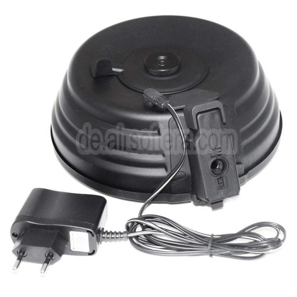 CYMA 2500rd Sheet Stahl Kabel und Soundsteuerung Elektrisch Trommelmagazin mit EU 220v Plug Charger Geeignet für AK Serie AEG Gewehre Airsoft Schwarz