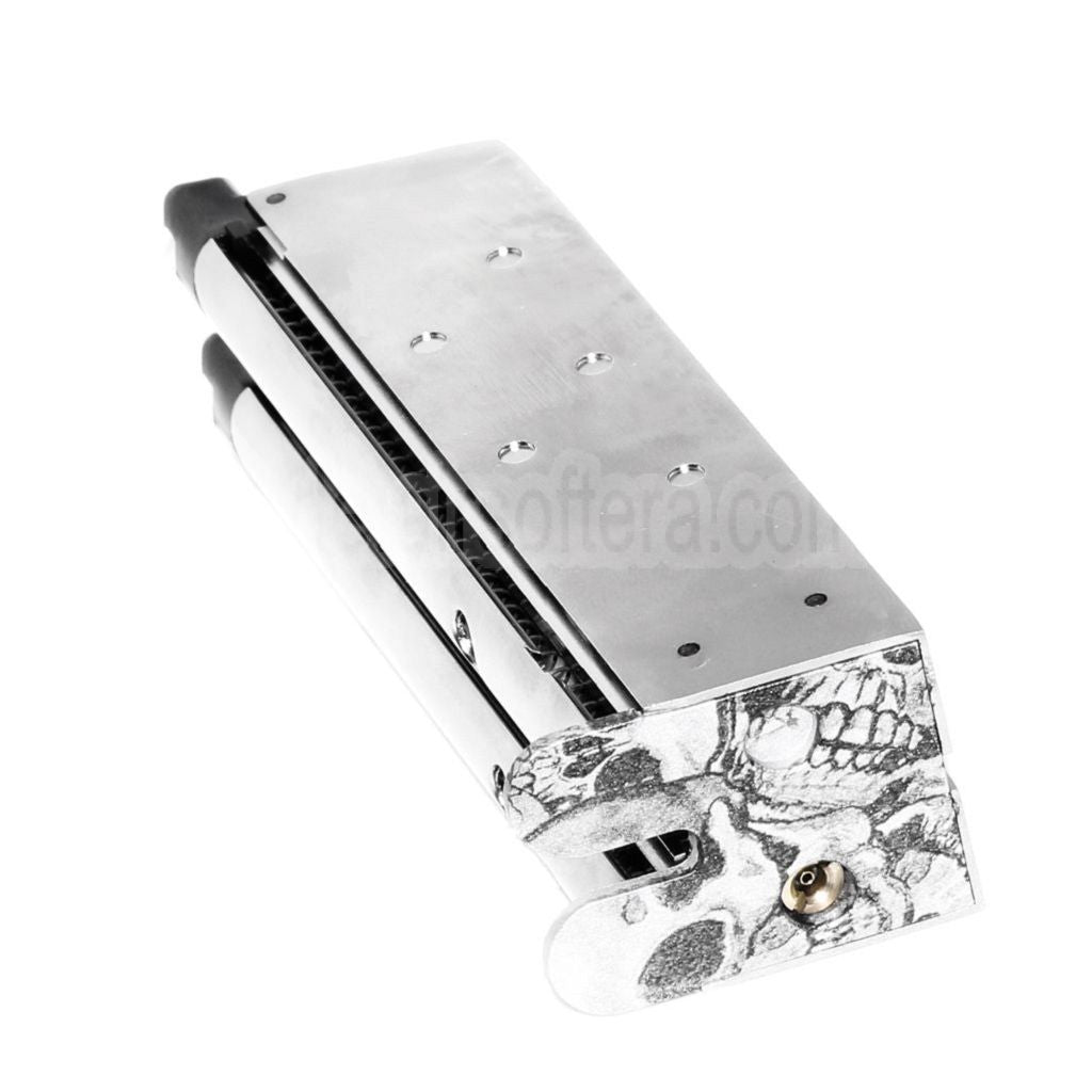 Armorer Works AW 32rd Doppel Lauf Gas Magazin Geeignet für AW MX Serie / WE Doppel Lauf 1911 Serie GBB Pistolen Airsoft Silber (Skull Cam Grundplatte)