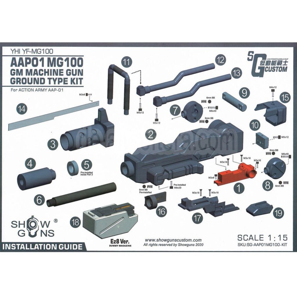 Show Guns Tactical SG RX-79 Gundam Ground Typ MG100 Maschinengewehr Kit mit Fire Pig Light Tracer geeignet für Action Army AAP-01 Serie GBB-Pistolen Airsoft