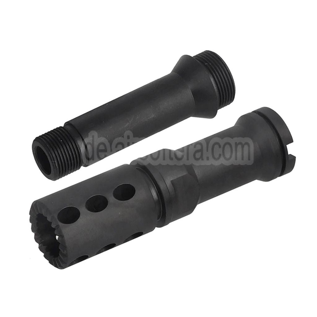BBT CNC Steel Mündungsfeuerdämpfer mit Outer Barrel Extension -14mm CCW Gegen den Uhrzeigersinn Geeignet für VFC FN M249 Serie GBB SMG Schwarz