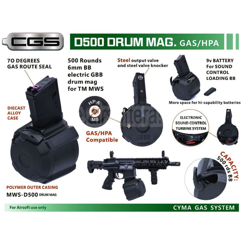 CYMA 500rd Elektrisch Schallsteuerung Wicklung Gas Trommelmagazin Geeignet für CYMA CGS Tokyo Marui M4 Serie MWS GBB Gewehre Airsoft Schwarz